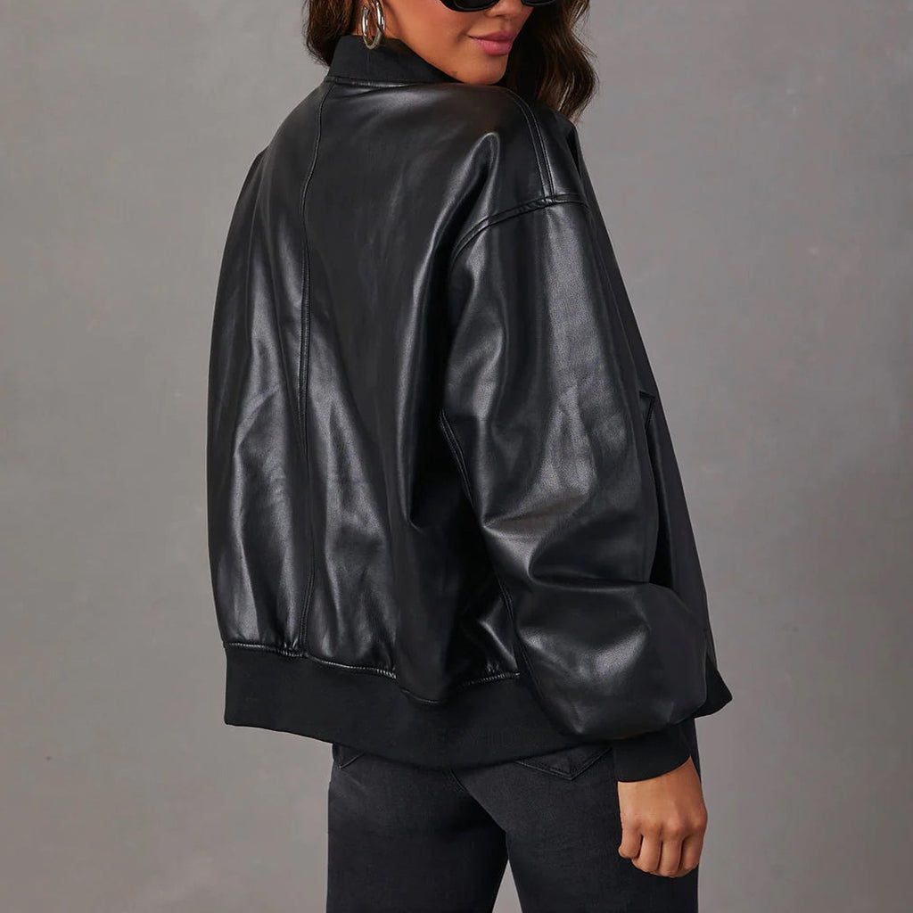 Dames Casual Imitatieleren Bomberjack met Ribboord en Zakken