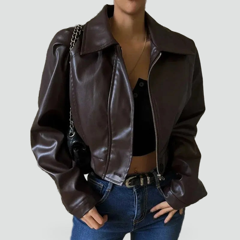 Dames Cropped Imitatieleren Bikerjack met Diagonale Rits