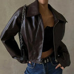 Dames Cropped Imitatieleren Bikerjack met Diagonale Rits