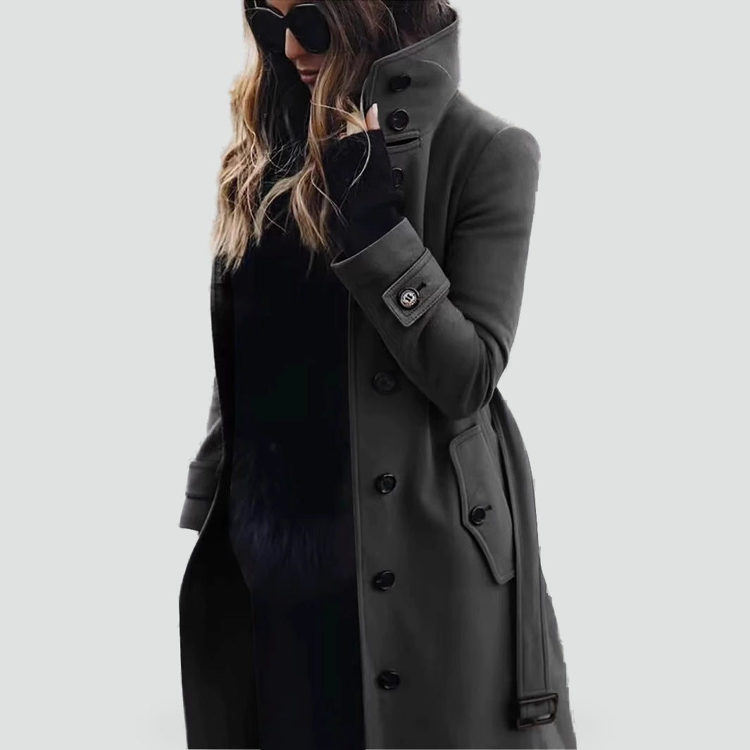 Dames Elegante Lange Trenchcoat met Staande Kraag en Klepzakken