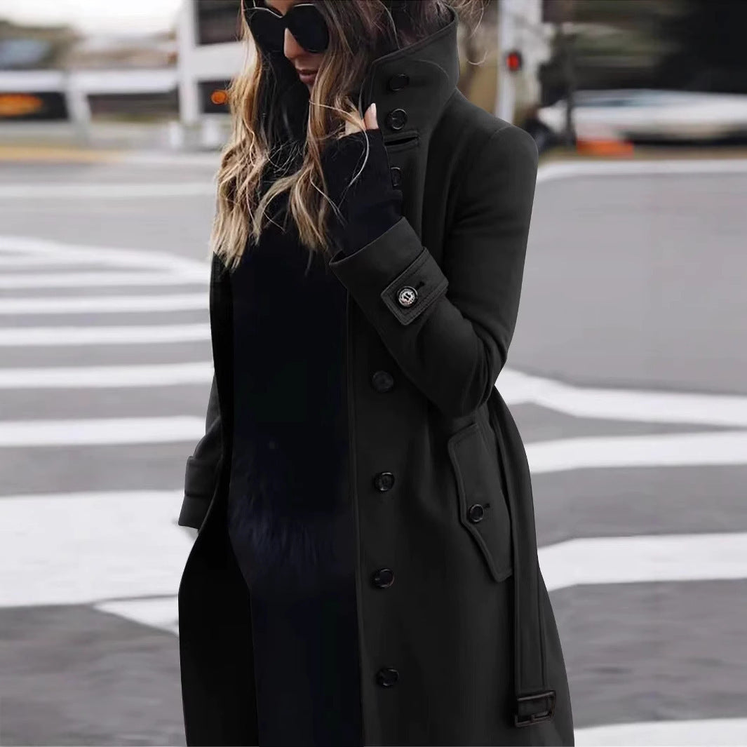 Dames Elegante Lange Trenchcoat met Staande Kraag en Klepzakken