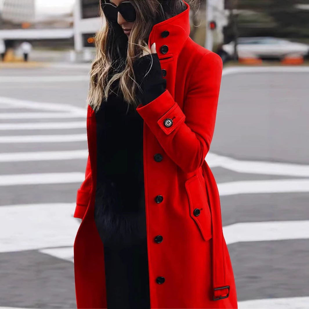 Dames Elegante Lange Trenchcoat met Staande Kraag en Klepzakken