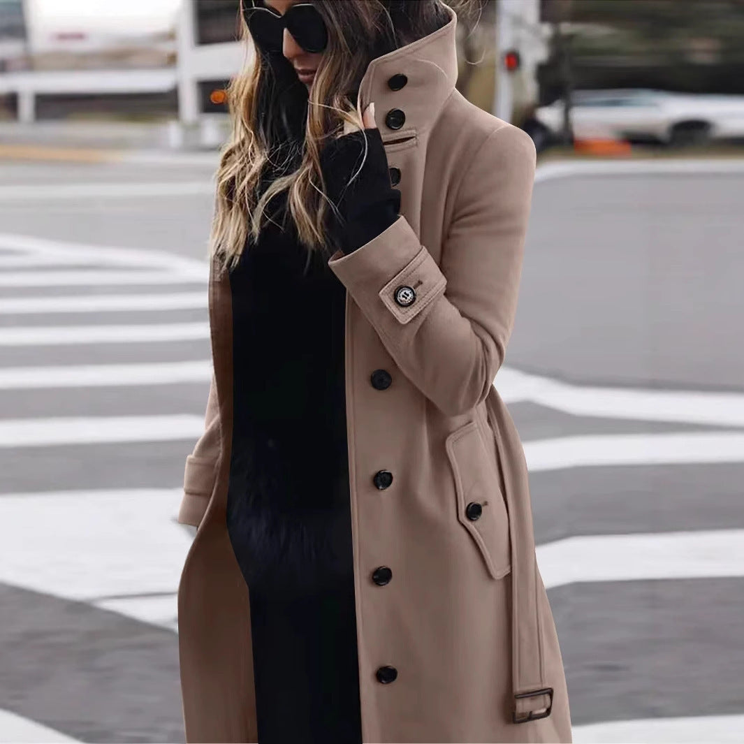 Dames Elegante Lange Trenchcoat met Staande Kraag en Klepzakken