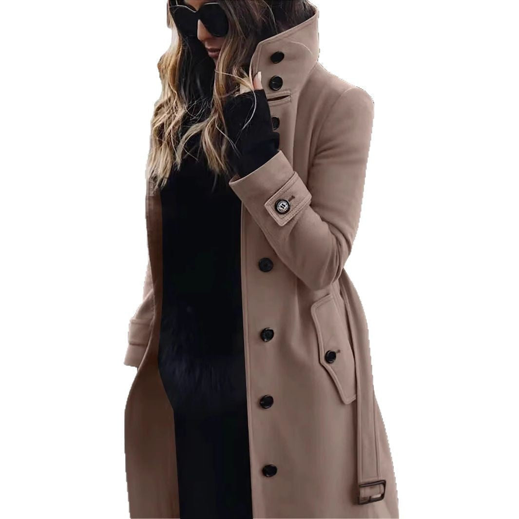 Dames Elegante Lange Trenchcoat met Staande Kraag en Klepzakken
