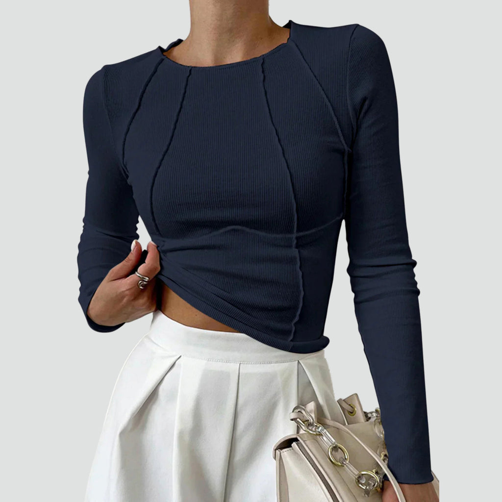 Dames Geribbelde Longsleeve Top met Ronde Hals en Siernaden