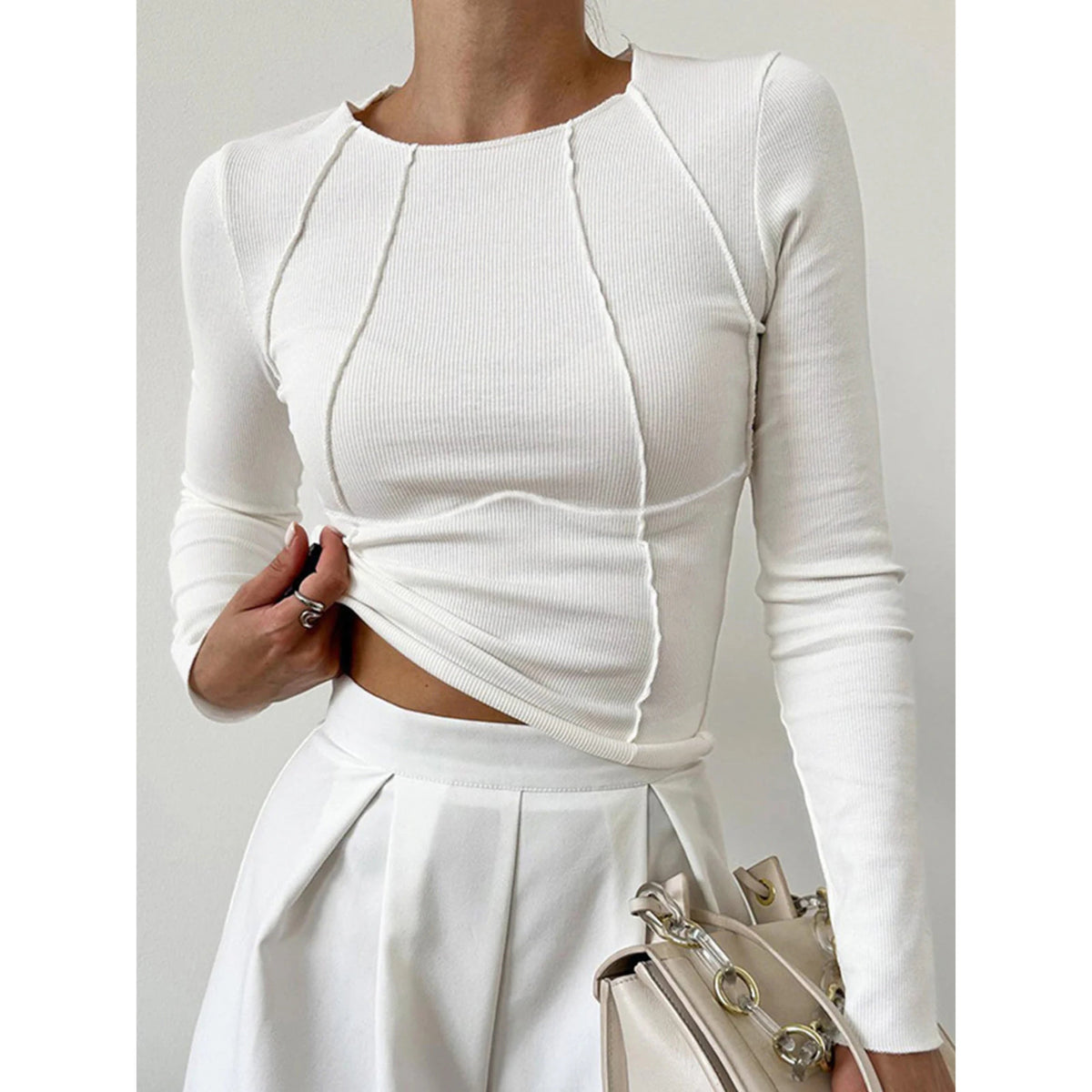 Dames Geribbelde Longsleeve Top met Ronde Hals en Siernaden