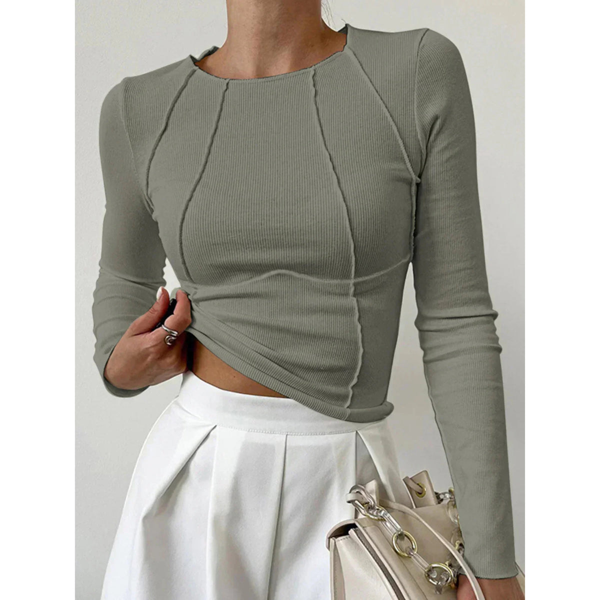 Dames Geribbelde Longsleeve Top met Ronde Hals en Siernaden