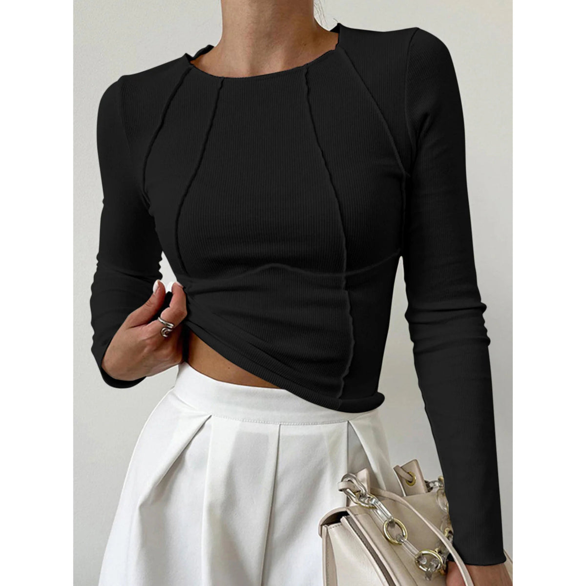 Dames Geribbelde Longsleeve Top met Ronde Hals en Siernaden
