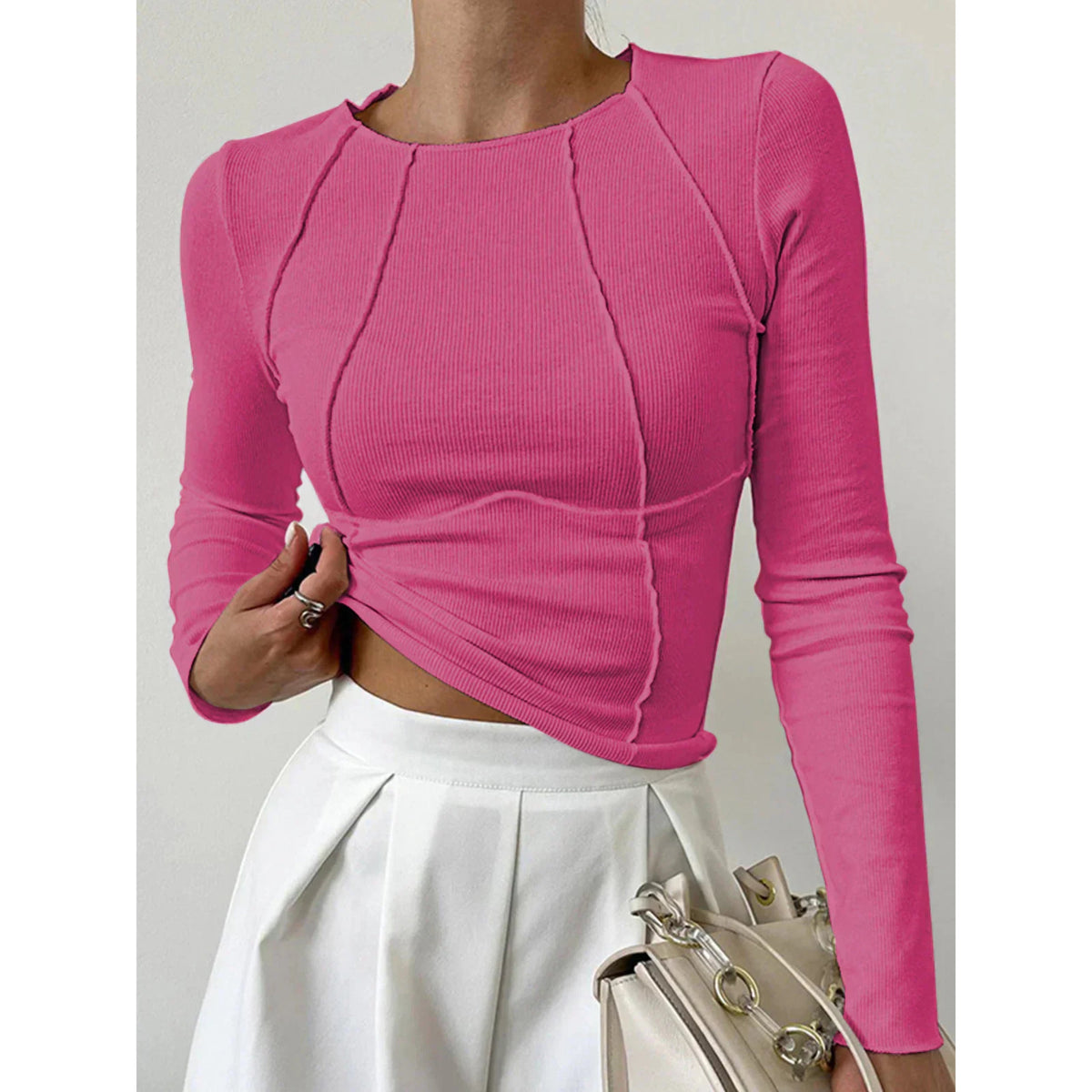 Dames Geribbelde Longsleeve Top met Ronde Hals en Siernaden
