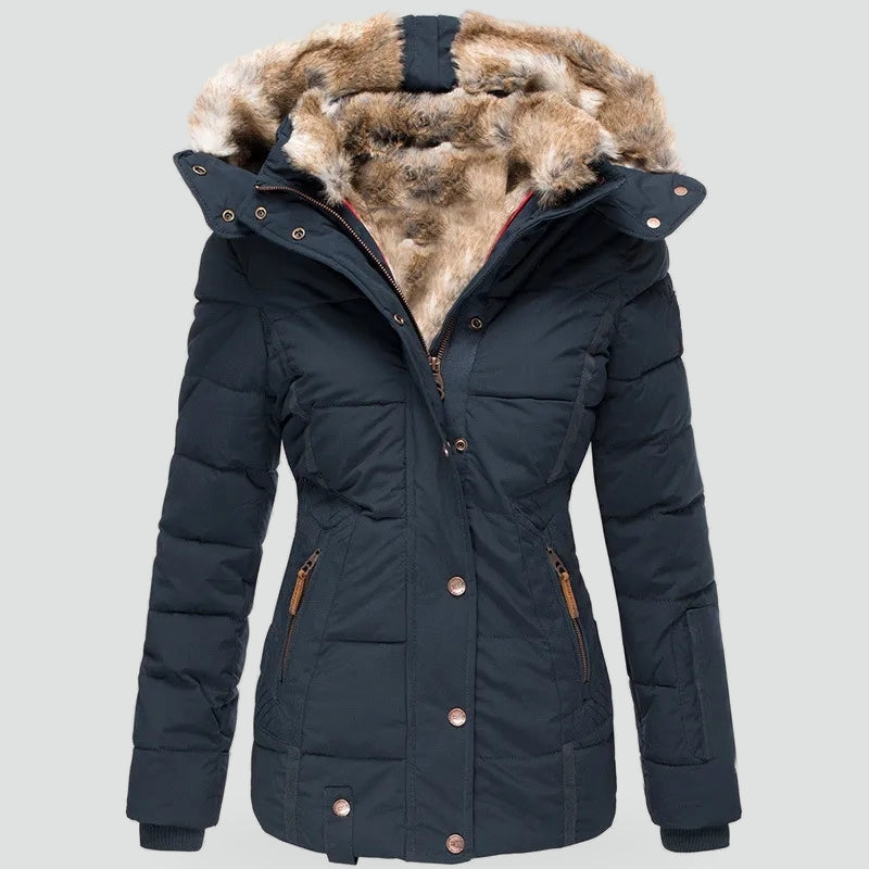 Dames Getailleerde Parka met Faux Fur Capuchon en Ritszakken
