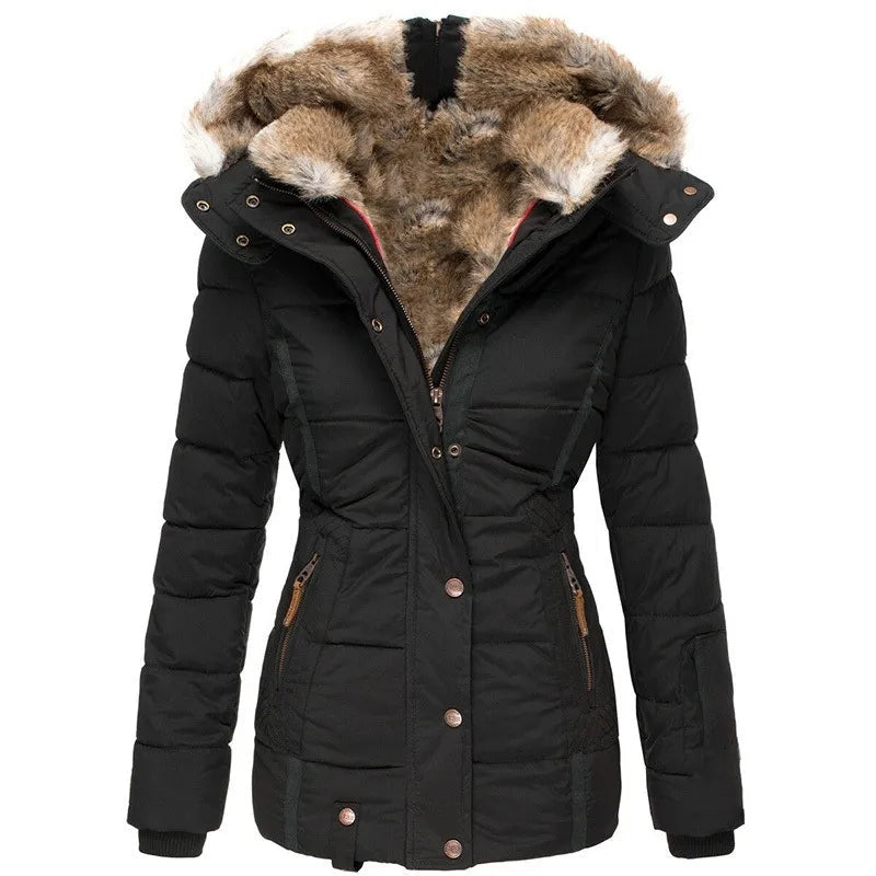 Dames Getailleerde Parka met Faux Fur Capuchon en Ritszakken