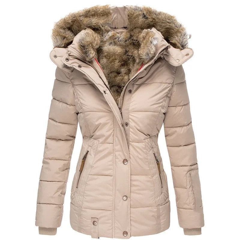 Dames Getailleerde Parka met Faux Fur Capuchon en Ritszakken