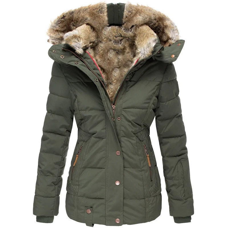 Dames Getailleerde Parka met Faux Fur Capuchon en Ritszakken