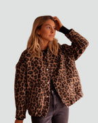 Dames Bruin Bomberjack met Luipaardprint en Comfortabele Pasvorm
