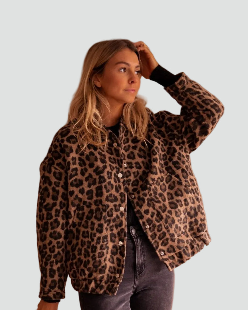 Dames Bruin Bomberjack met Luipaardprint en Comfortabele Pasvorm